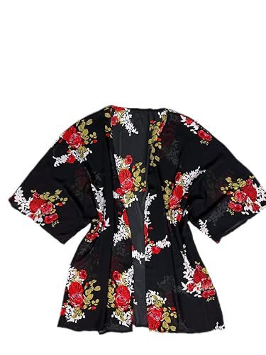 BUNCA كارديجان كيمونو صيفي شيفون أنيق طويل فضفاض أسود مزين بالزهور للنساء والفتيات من