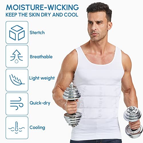 Aptoco Compression Shirts for Men Shapewear Vest Body Shaper Abs Abdomen Slim Tank Top Undershirt for Men's Gynecomastia, White, XXL