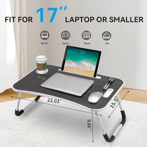 BUYIFY Folding Lap Desk, 23 Inch Portable Wood Pink Laptop Bed Desk Lap Desk with Cup Holder, for Working Reading Writing, Eating, Watching Movies for Bed Sofa Couch Floor