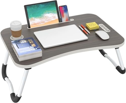 BUYIFY Folding Lap Desk, 23 Inch Portable Wood Pink Laptop Bed Desk Lap Desk with Cup Holder, for Working Reading Writing, Eating, Watching Movies for Bed Sofa Couch Floor