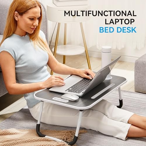BUYIFY Folding Lap Desk, 23 Inch Portable Wood Pink Laptop Bed Desk Lap Desk with Cup Holder, for Working Reading Writing, Eating, Watching Movies for Bed Sofa Couch Floor