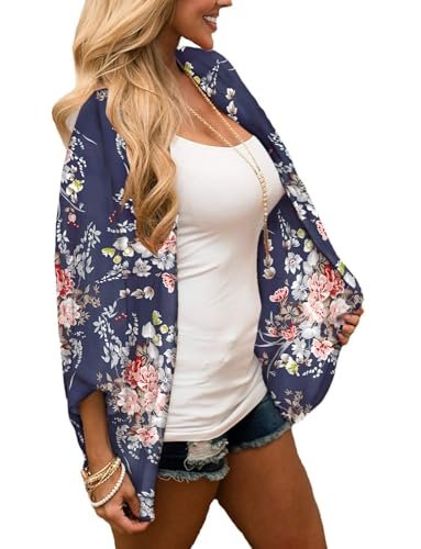 كارديجان كيمونو صيفي فضفاض طويل للنساء من بونكا (أزرق فاتح مزهر)