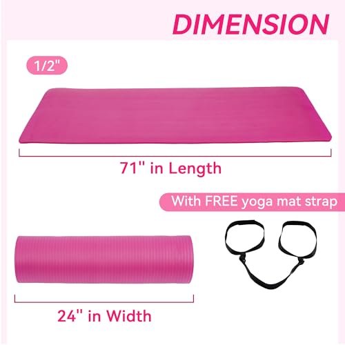 Fitvids All Purpose 1/2-Inch Extra Thick High Density Anti-Tear Exercise Yoga Mat with Carrying Strap, Pink