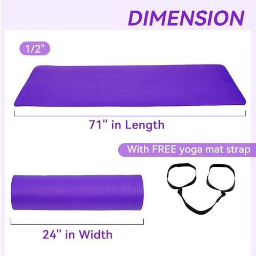 Fitvids All Purpose 1/2-Inch Extra Thick High Density Anti-Tear Exercise Yoga Mat with Carrying Strap, Purple
