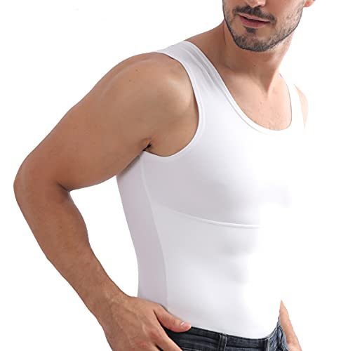 Fenudorice Mens Compression Shirt for Body Shaper Slimming Vest Athletic Undershirt Tight Tummy Underwear Tank Top, White, 3X-Large