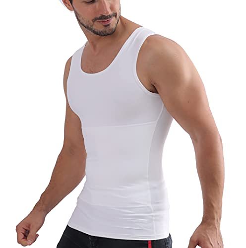 Fenudorice Mens Compression Shirt for Body Shaper Slimming Vest Athletic Undershirt Tight Tummy Underwear Tank Top, White, 3X-Large