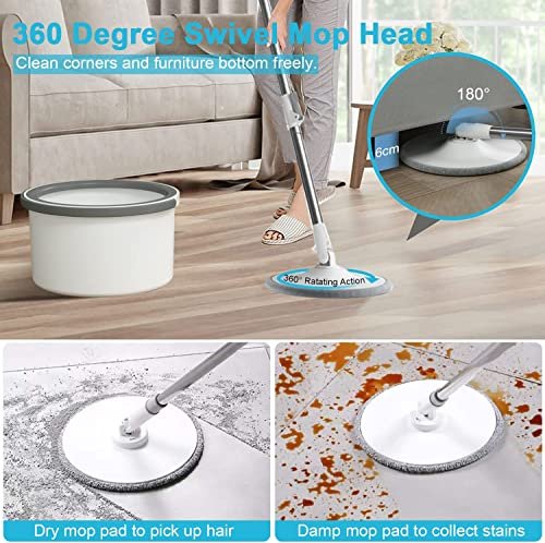 U HOOME Spin Mop and Bucket Set,360 Degree Spinning Mop Microfiber Mop Home Kitchen, automatically spin dry lazy people hands-free mop bucket set for Wood, Hardwood, Laminate, Tile