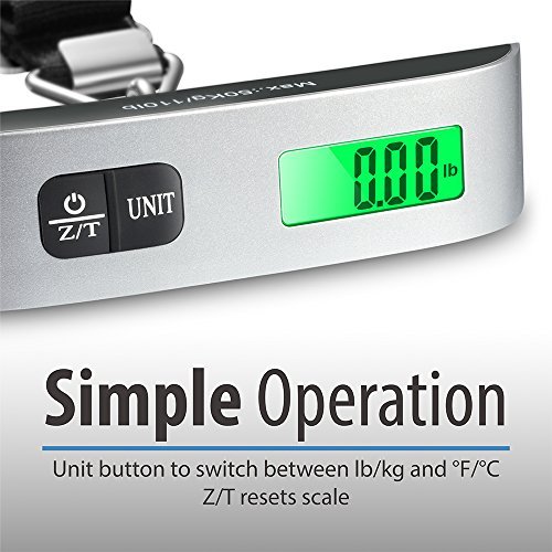 Fosmon Digital Luggage Scale, LCD Display Backlight Temperature Sensor Hanging Scale with Tare Function and 50kg Capacity for Travel Suitcase