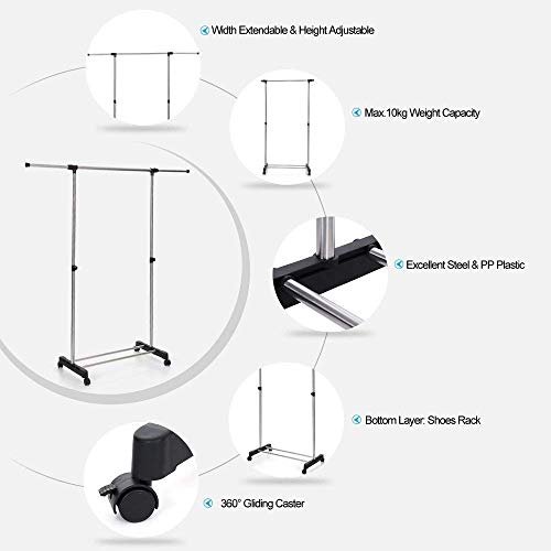 MYHEART Heavy Duty and Compact Storage Drying Rack System Single Poll Clothes Drying Stand with Wheels