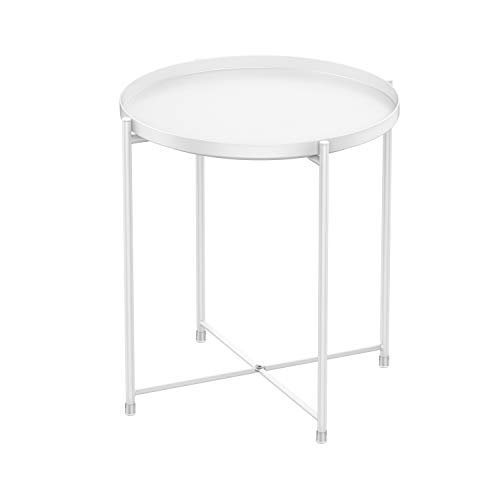 H HOMEWINS Tray Metal Round End Table,White Folding Small Side Table Outdoor & Indoor Accent Coffee Table for Small Spaces,Bedroom,Patio