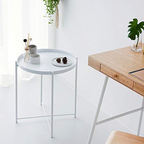 H HOMEWINS Tray Metal Round End Table,White Folding Small Side Table Outdoor & Indoor Accent Coffee Table for Small Spaces,Bedroom,Patio