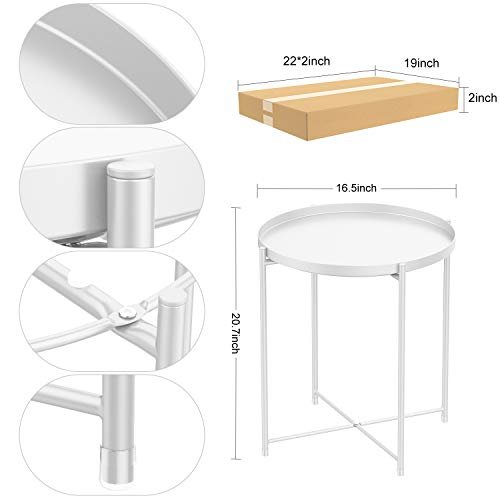 H HOMEWINS Tray Metal Round End Table,White Folding Small Side Table Outdoor & Indoor Accent Coffee Table for Small Spaces,Bedroom,Patio