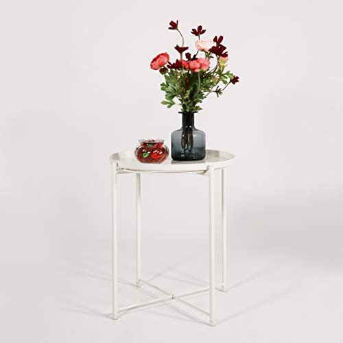 TIITA Tray Metal Round Side End Table White Sofa Table Corner Table Coffee Snack Table Snack Accent Table Anti-Rusty for Outdoor and Indoor Use