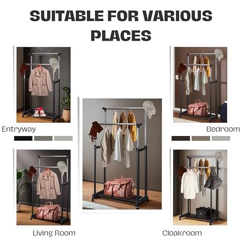 WT-EASYCARE Multipurpose Double Garment Rack Heavy Duty Cloth Rail | Dual Rod + Wheels Garments Rack with Bottom Shelf for Shoes, Blazer, Suit | Portable Foldable Garment Hanging Rack