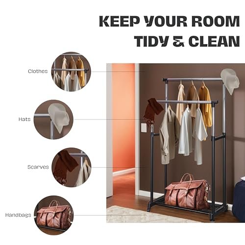 WT-EASYCARE Multipurpose Double Garment Rack Heavy Duty Cloth Rail | Dual Rod + Wheels Garments Rack with Bottom Shelf for Shoes, Blazer, Suit | Portable Foldable Garment Hanging Rack