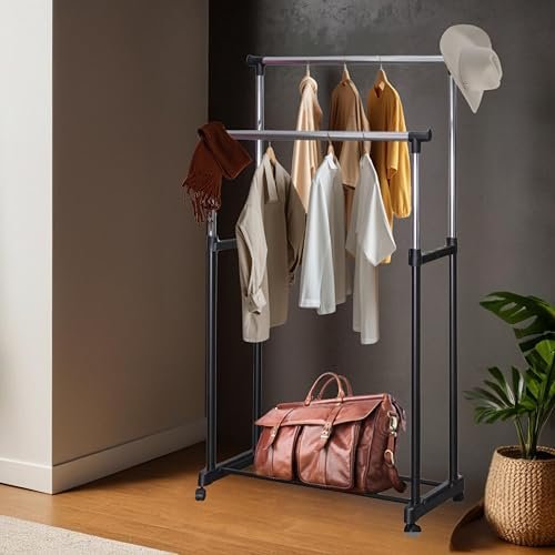 WT-EASYCARE Multipurpose Double Garment Rack Heavy Duty Cloth Rail | Dual Rod + Wheels Garments Rack with Bottom Shelf for Shoes, Blazer, Suit | Portable Foldable Garment Hanging Rack