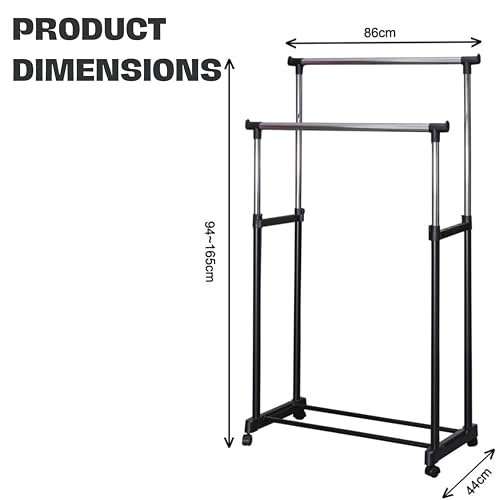 WT-EASYCARE Multipurpose Double Garment Rack Heavy Duty Cloth Rail | Dual Rod + Wheels Garments Rack with Bottom Shelf for Shoes, Blazer, Suit | Portable Foldable Garment Hanging Rack