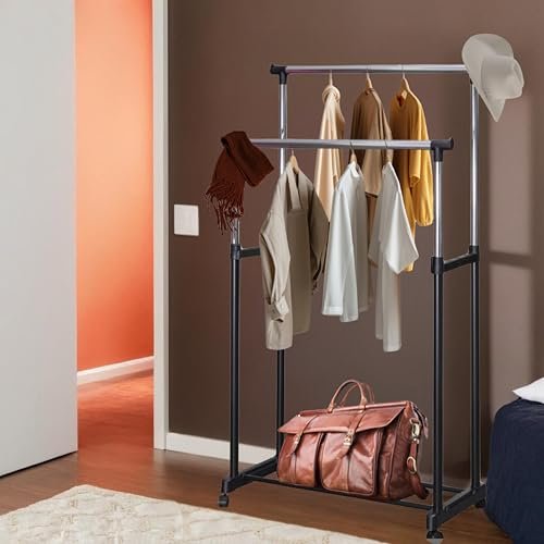 WT-EASYCARE Multipurpose Double Garment Rack Heavy Duty Cloth Rail | Dual Rod + Wheels Garments Rack with Bottom Shelf for Shoes, Blazer, Suit | Portable Foldable Garment Hanging Rack