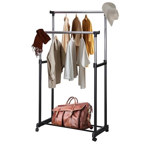WT-EASYCARE Multipurpose Double Garment Rack Heavy Duty Cloth Rail | Dual Rod + Wheels Garments Rack with Bottom Shelf for Shoes, Blazer, Suit | Portable Foldable Garment Hanging Rack