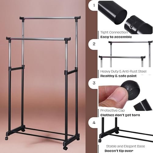 WT-EASYCARE Multipurpose Double Garment Rack Heavy Duty Cloth Rail | Dual Rod + Wheels Garments Rack with Bottom Shelf for Shoes, Blazer, Suit | Portable Foldable Garment Hanging Rack