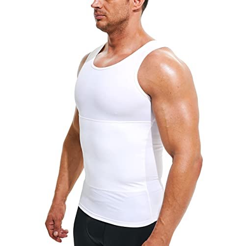 Terland Mens Compression Shirt Slimming Undershirt Body Shaper Vest Workout Tank Tops Shapewear Abs Abdomen White