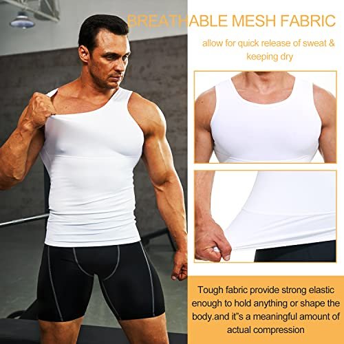 Terland Mens Compression Shirt Slimming Undershirt Body Shaper Vest Workout Tank Tops Shapewear Abs Abdomen White