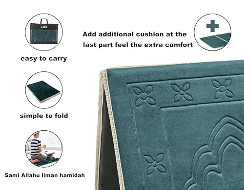 N/A Muslim Prayer Rug - Islamic Prayer Mat Back Support - Thick Padded Islam Janamaz for Women and Men - Soft Foldable Travel Sajadah Carpet (Dark Green)