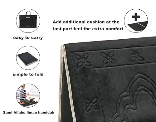 Prayer rug with back support/foldable meditation floor chair & carrying pocket (black)