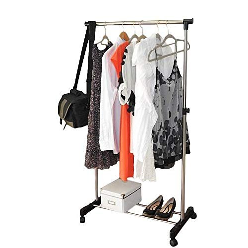 U/D Stainless Steel Pole Clothes Hanger - Adjustable Bars Clothes Rack Double-Pole Clothes Dry Rack with Rolling wheels (Unipolar Pole)