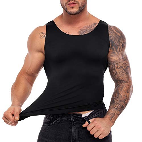 MOLUTAN Compression Shirts for Men Body Slimming Tank Top Undershirt Sleeveless Tummy Control Shapewear Vest (Black, Small)