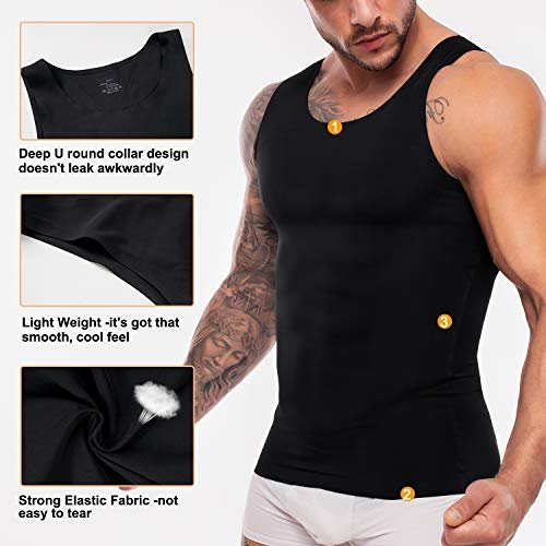 MOLUTAN Compression Shirts for Men Body Slimming Tank Top Undershirt Sleeveless Tummy Control Shapewear Vest (Black, Small)
