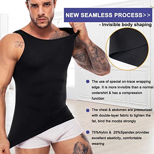MOLUTAN Compression Shirts for Men Body Slimming Tank Top Undershirt Sleeveless Tummy Control Shapewear Vest (Black, Small)