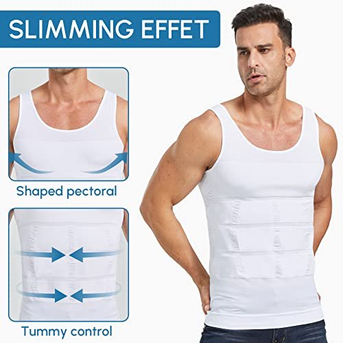 Aptoco Compression Shirts for Men Slimming,Men Body Shaper Abs Slim Tank Top Undershirt for Men's Gynecomastia, White, L