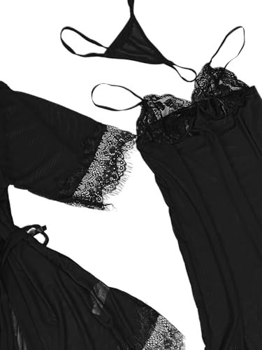 BUNCA Women's Black Lace Embroidered Nightgown 3 Pieces