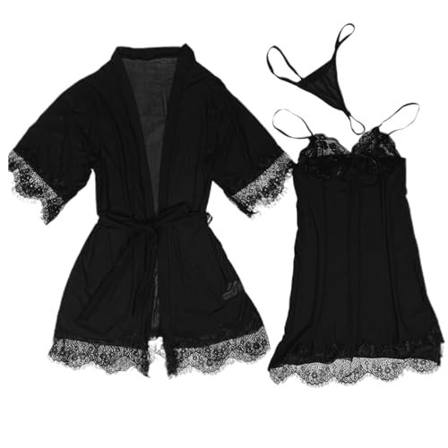 BUNCA Women's Black Lace Embroidered Nightgown 3 Pieces