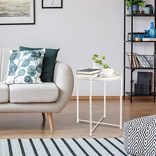 danpinera End Table, Side Table Metal Waterproof Small Circular Bedside Table with Round Removable Tray for Living Room Bedroom Bathroom Balcony and Office (Milky White)