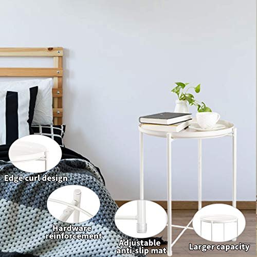 danpinera End Table, Side Table Metal Waterproof Small Circular Bedside Table with Round Removable Tray for Living Room Bedroom Bathroom Balcony and Office (Milky White)