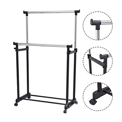 APP LIFE Double Clothes Hanger with Stand Wheels in Steel, Adjustable Height and Width with Shelf, 168x43x145cm, Black