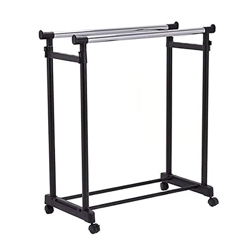 APP LIFE Double Clothes Hanger with Stand Wheels in Steel, Adjustable Height and Width with Shelf, 168x43x145cm, Black
