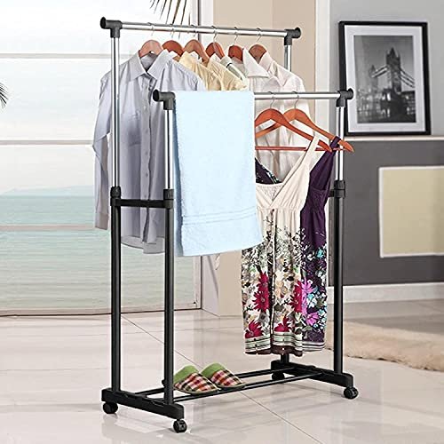 APP LIFE Double Clothes Hanger with Stand Wheels in Steel, Adjustable Height and Width with Shelf, 168x43x145cm, Black