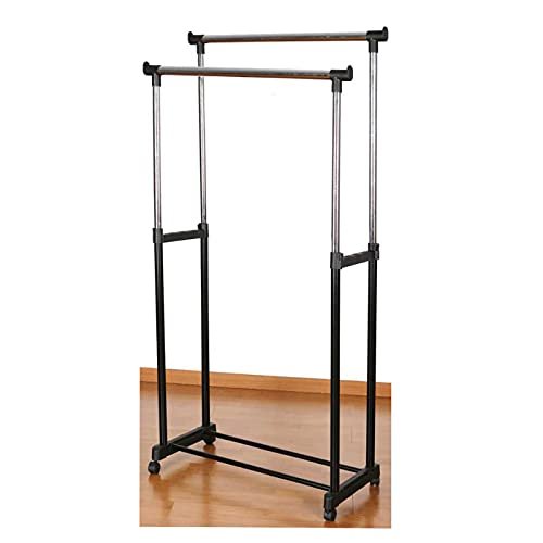 APP LIFE Double Clothes Hanger with Stand Wheels in Steel, Adjustable Height and Width with Shelf, 168x43x145cm, Black