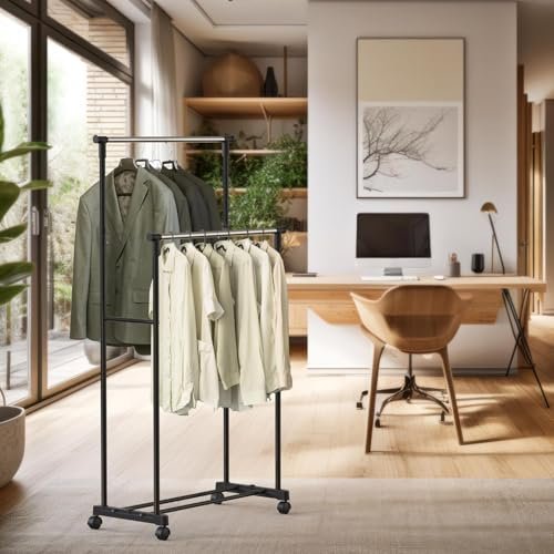 Household Double Ball Clothes Stand Rack with Shoe Storage Rack Side Hanger for Hanging Clothes Coats Skirts Shirts Jackets Stainless Steel Foldable bunca