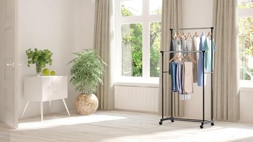 Household Double Ball Clothes Stand Rack with Shoe Storage Rack Side Hanger for Hanging Clothes Coats Skirts Shirts Jackets Stainless Steel Foldable bunca