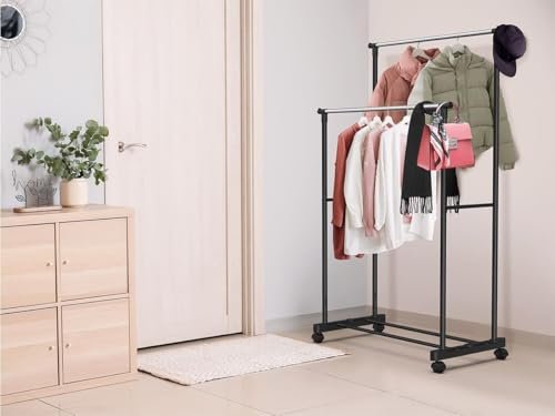 Household Double Ball Clothes Stand Rack with Shoe Storage Rack Side Hanger for Hanging Clothes Coats Skirts Shirts Jackets Stainless Steel Foldable bunca