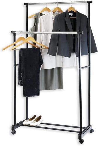 Household Double Ball Clothes Stand Rack with Shoe Storage Rack Side Hanger for Hanging Clothes Coats Skirts Shirts Jackets Stainless Steel Foldable bunca