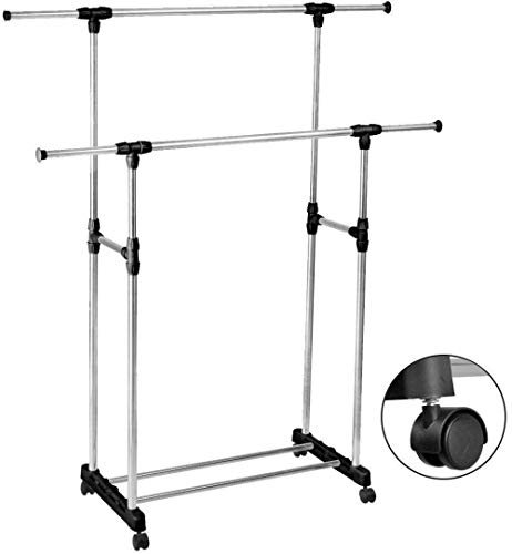 Adjustable Portable Clothes Rack Hanger Double Poll Rolling