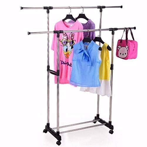 HEAVY DUTY Double Pole Adjustable Portable Clothes Rack Hanger Extendable Rolling