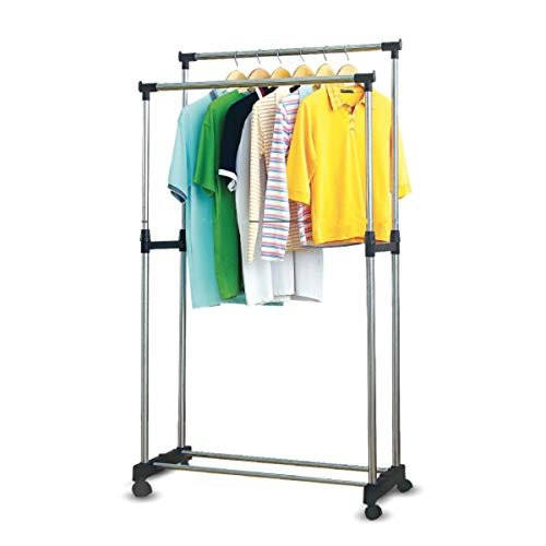 Clothes Garments Rack Leostar Metal Silver Double Pole Telescopic Hanger