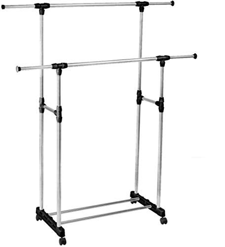 Clothes Double pole portable Rack Hanger Extendable Rolling Removable and Retractable Garments Rack
