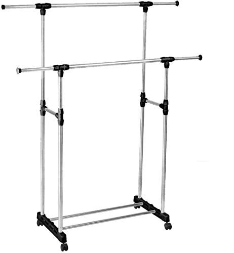 Portable Clothes Rack Hanger Extendable Rolling Double pole